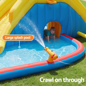 Keezi Inflatable Kids Pool with a blue and yellow splash castle, red pool rim, crawl-through tunnel and water cannon