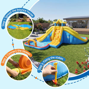 Keezi Inflatable Kids Pool in blue and yellow PVC with dual slides, a climbing wall and shallow splash pool