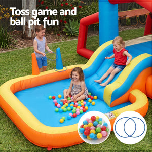 Keezi Inflatable Kids Pool with bright blue, yellow and orange PVC slides, ball pit basin and colorful balls