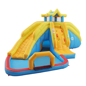 Keezi Inflatable Kids Pool in blue, yellow and orange PVC, with climbing wall, twin slides and splash pool