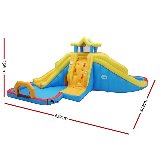 Keezi Inflatable Kids Pool in blue and yellow PVC with climbing wall, curved slides and splash pool