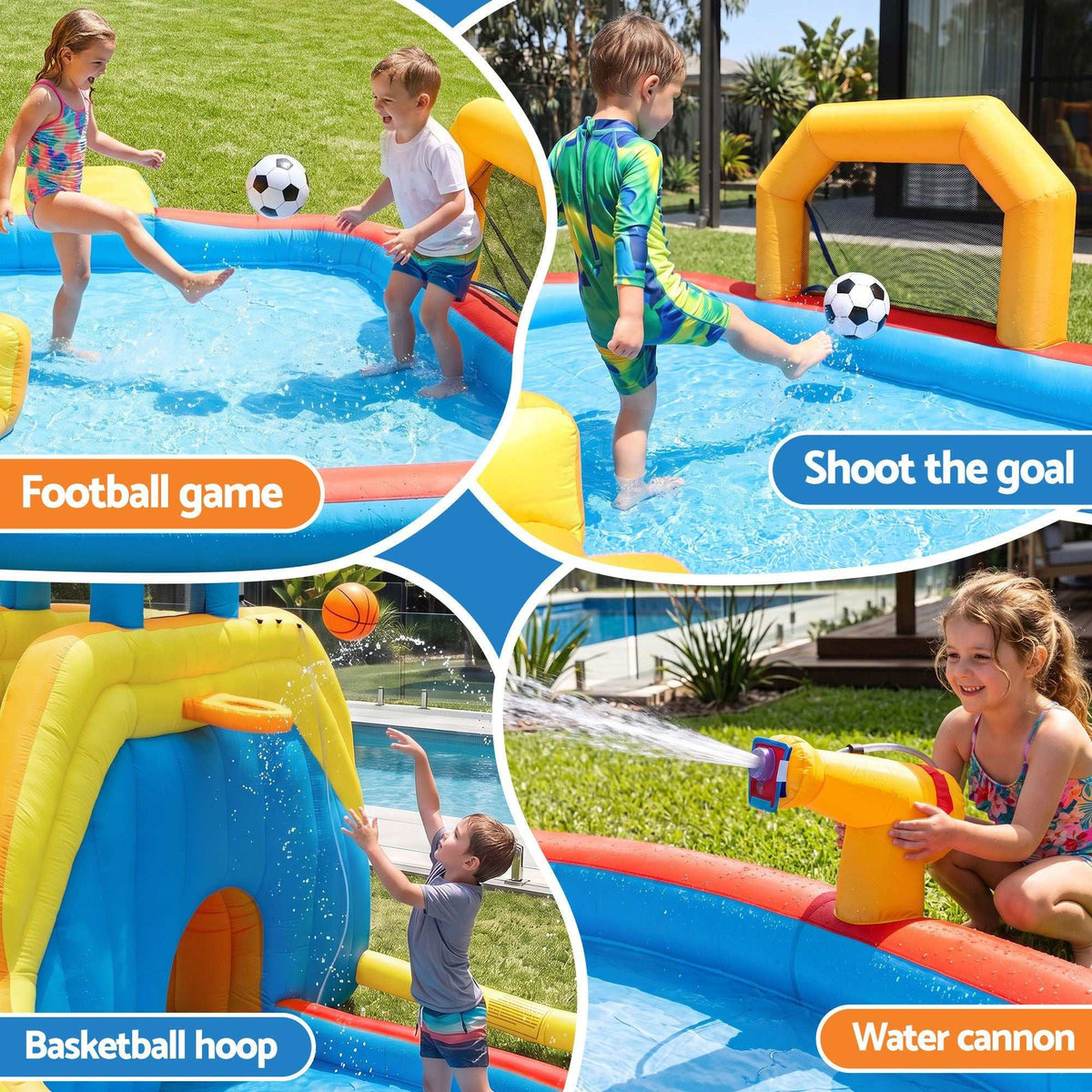 Keezi Inflatable Kids Pool, blue and yellow PVC splash castle with water cannon, goal, basketball hoop and slide