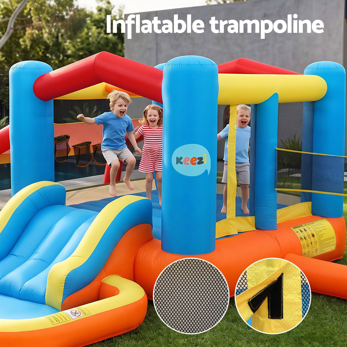 Keezi Inflatable Kids Pool play park with bright blue, orange and yellow PVC walls, mesh enclosure and slide