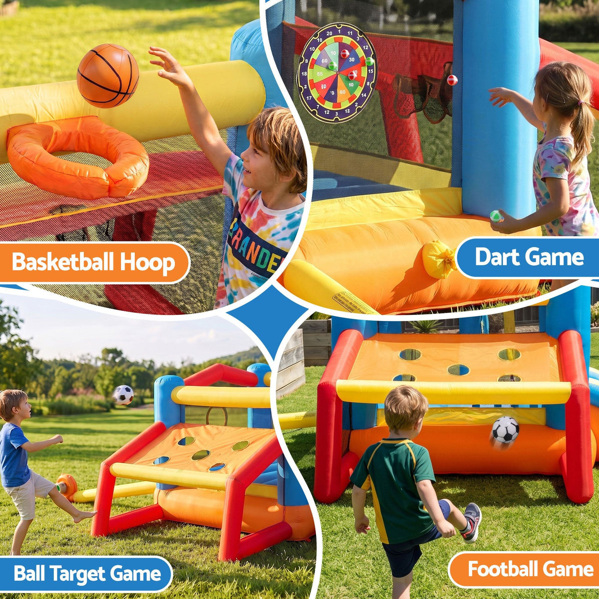 Keezi Inflatable Kids Pool activity park in bright red, yellow and blue vinyl, featuring basketball, dart and ball games