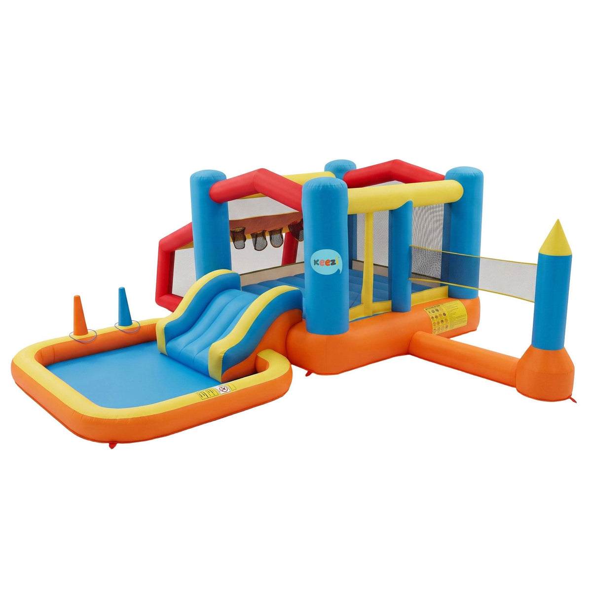 Keezi Inflatable Kids Pool play park in bright blue, orange, yellow and red, with a slide, shallow pool and netted bounce area