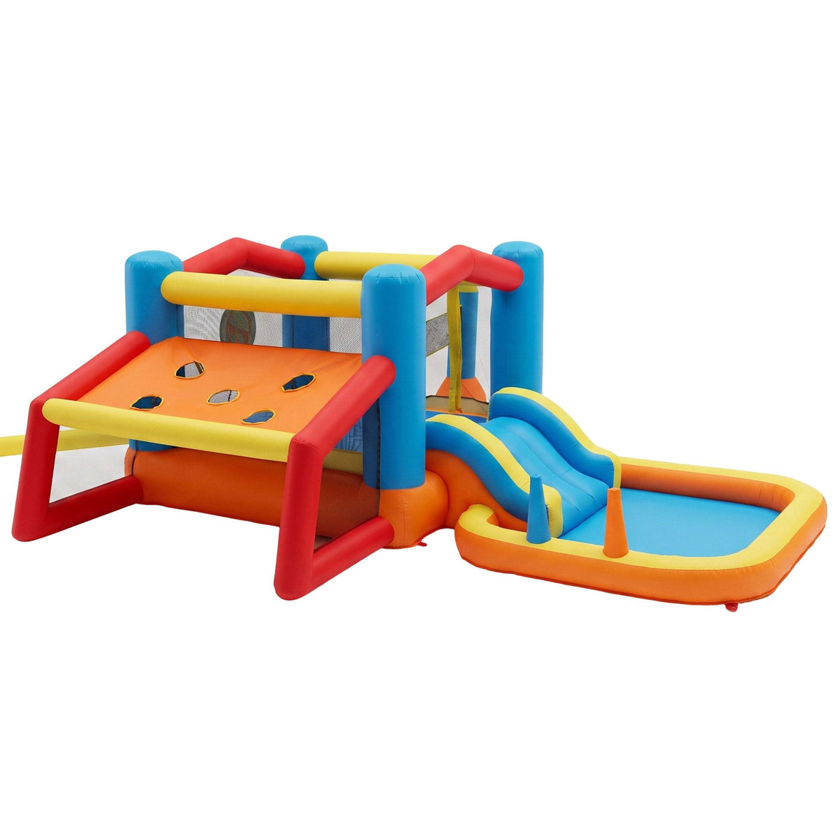 Keezi Inflatable Kids Pool activity park with a blue, red, yellow and orange bounce house, twin slides and shallow pool