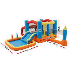 Keezi Inflatable Kids Pool with a colourful PVC activity centre, twin slides, mesh bounce house and shallow water basin