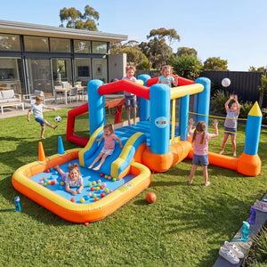 Keezi Inflatable Kids Pool play park in bright blue, red, yellow and orange, with a slide, ball pit and volleyball net