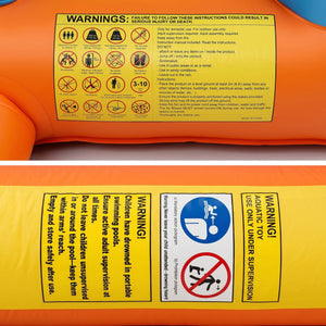 Keezi Inflatable Kids Pool with orange inflatable walls and yellow safety labels, including pool supervision warnings