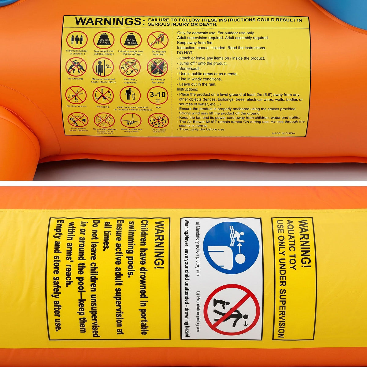 Keezi Inflatable Kids Pool with orange inflatable walls and yellow safety labels, including pool supervision warnings