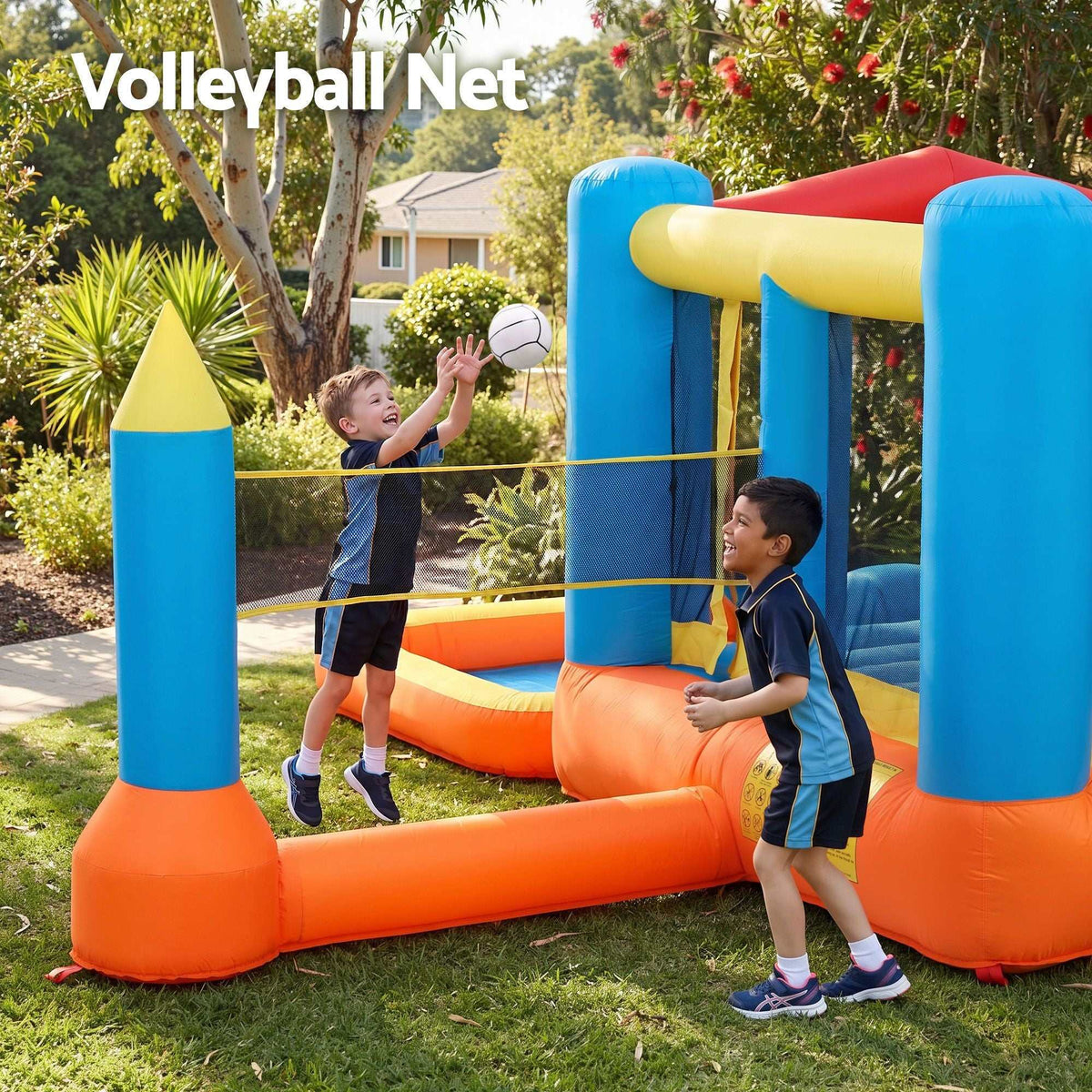 Keezi Inflatable Kids Pool volleyball play area in bright blue, yellow and orange PVC with net between inflatable posts