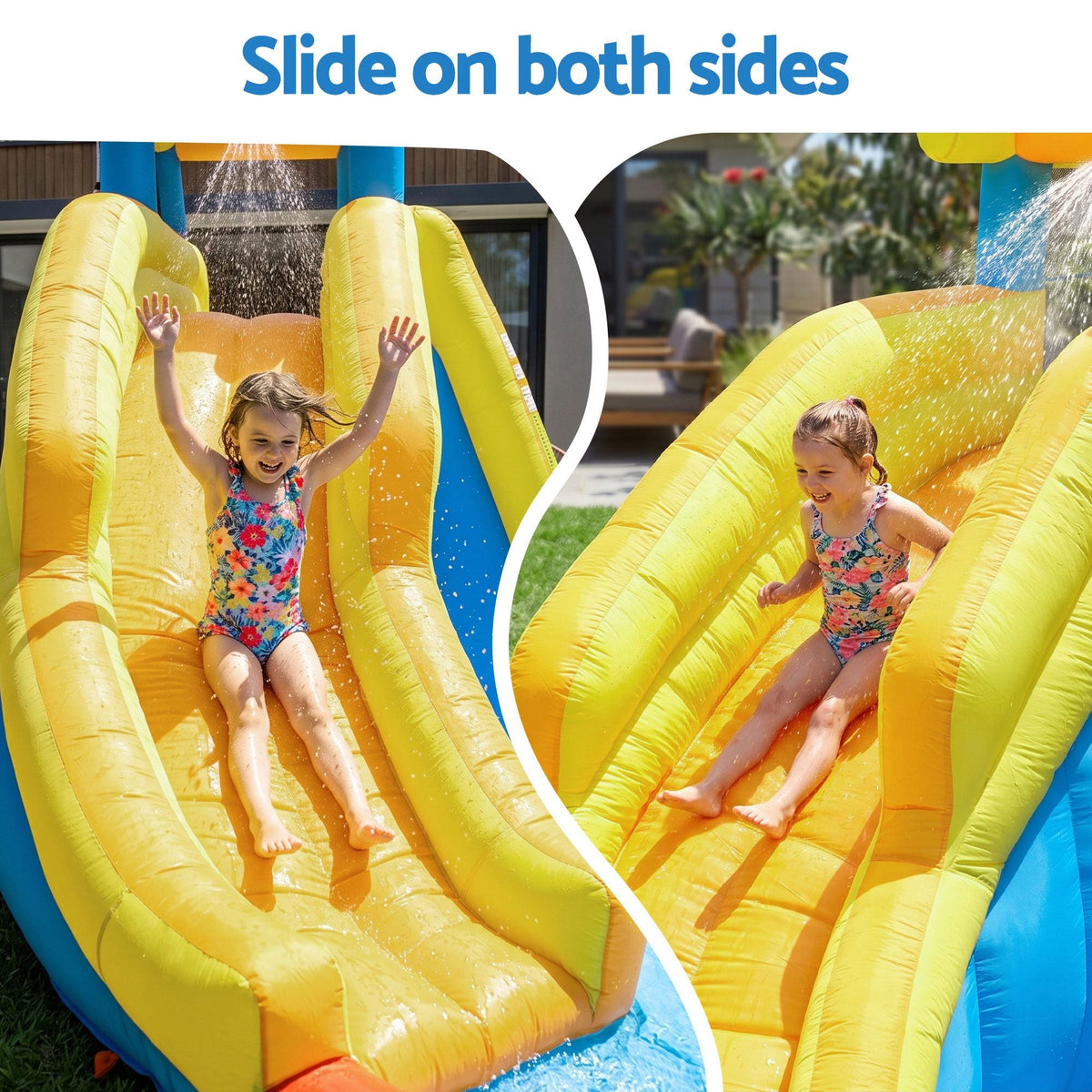 Keezi Inflatable Kids Pool with bright yellow and blue PVC double slides, featuring curved lanes and an overhead water sprinkler