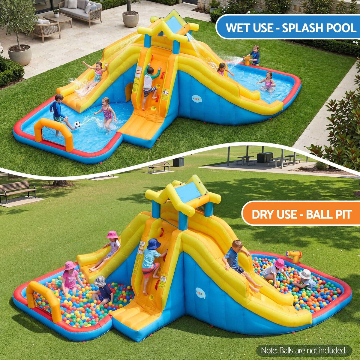 Keezi Inflatable Kids Pool in yellow and blue PVC, with dual slides, climbing wall, and splash pool or ball pit