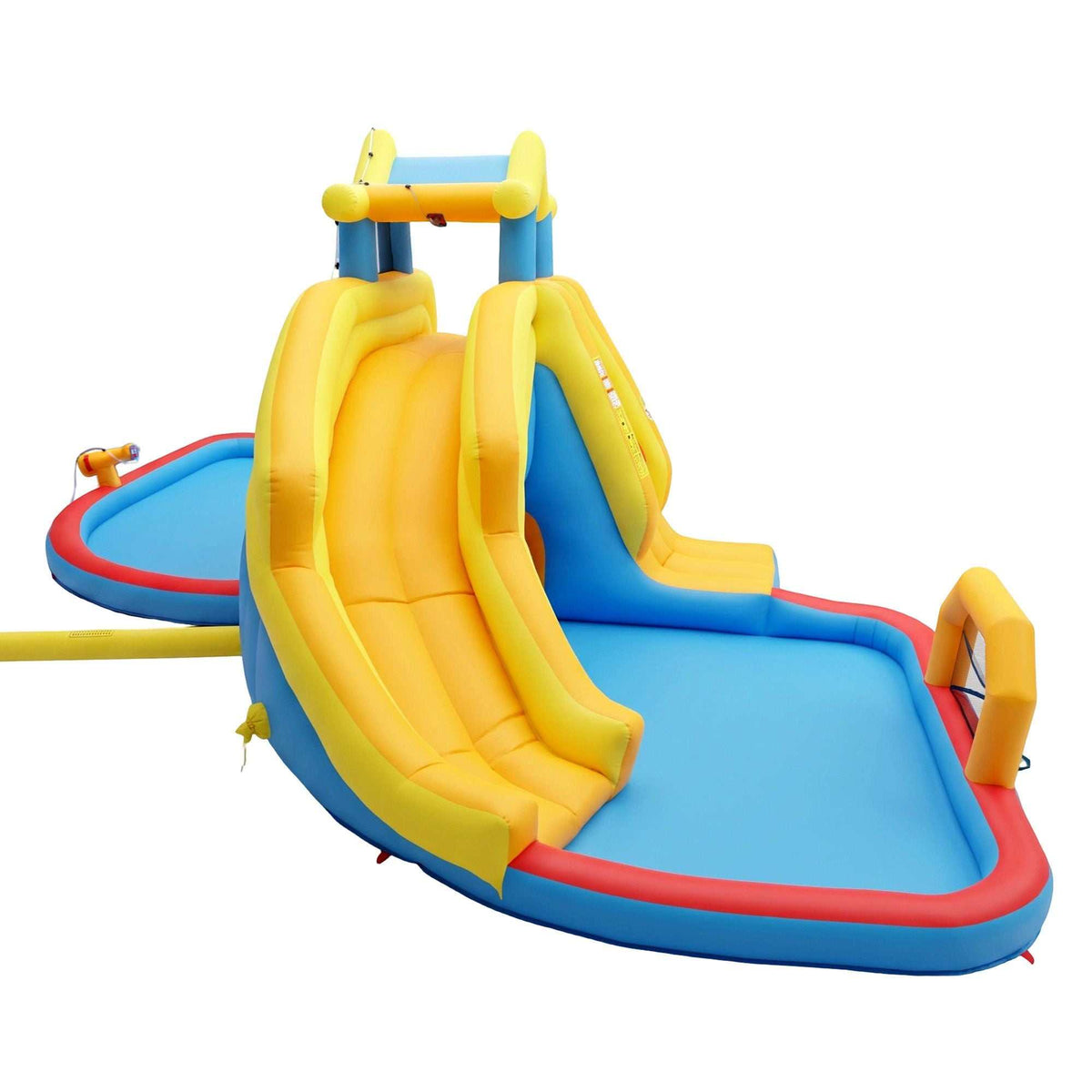 Keezi Inflatable Kids Pool with bright yellow dual slides, blue splash basin, red edging and a raised yellow entry arch