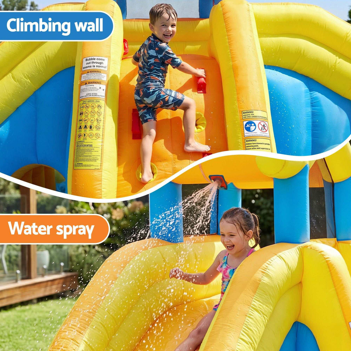 Keezi Inflatable Kids Pool splash castle in bright yellow, orange and blue with a climbing wall and water spray slide
