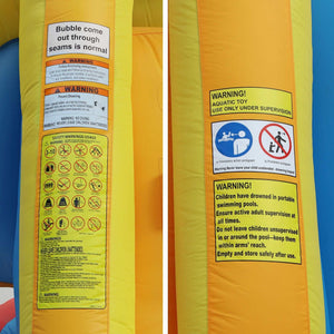 Keezi Inflatable Kids Pool yellow and orange PVC inflatable panel with prominent safety and supervision warning labels