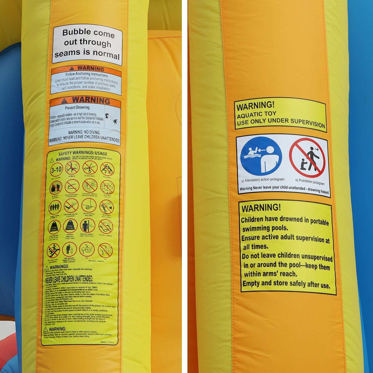 Keezi Inflatable Kids Pool yellow and orange PVC inflatable panel with prominent safety and supervision warning labels