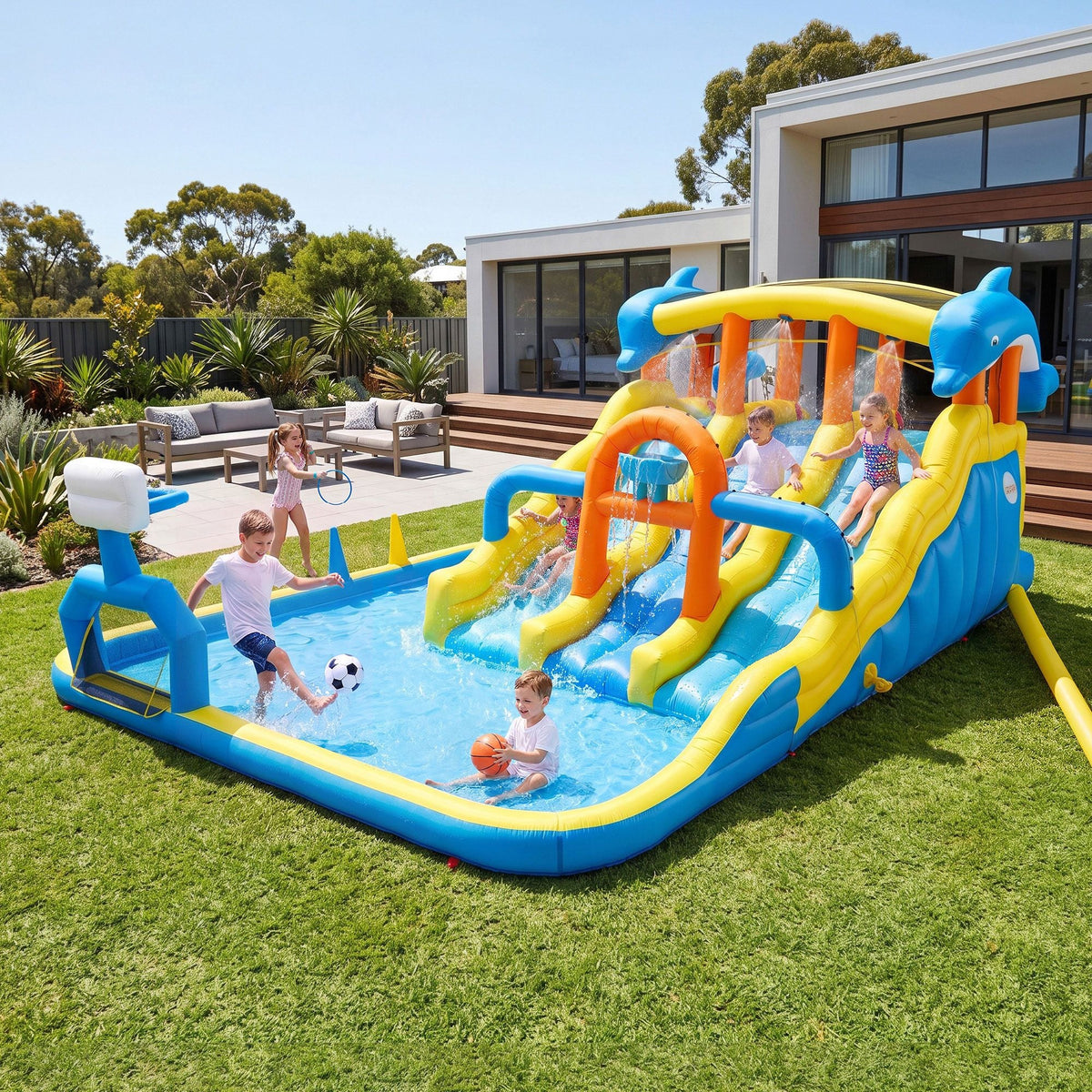 Keezi Inflatable Splash Kids Pool with bright blue and yellow sides, three water slides, sprinkler and splash pool
