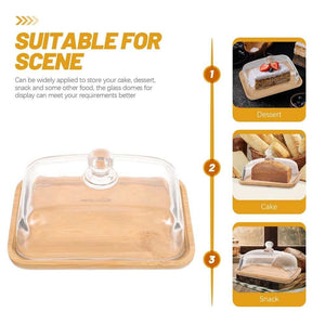 Khaki Round Cake Stand with a pale wood rectangular tray and clear dome lid with a rounded knob