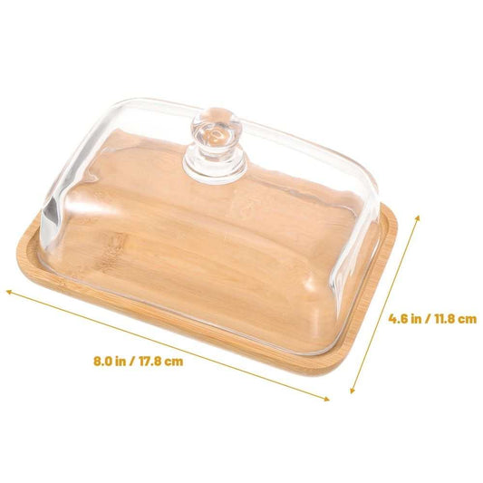 Khaki Round Cake Stand with a light wood rectangular base and a clear glass dome lid with rounded knob