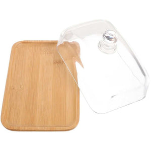 Khaki Round Cake Stand with a rectangular light wood tray and clear glass dome lid with round knob