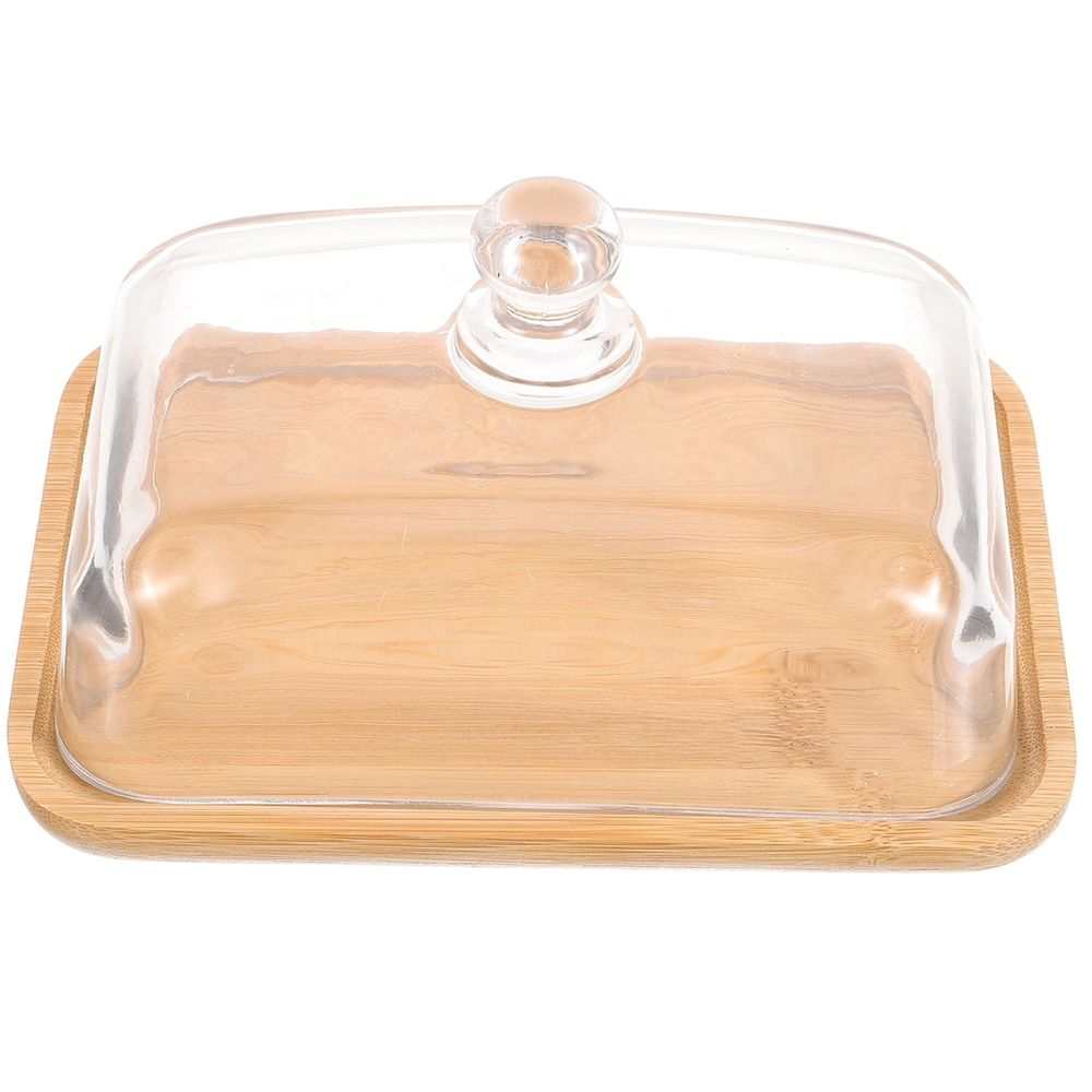 Khaki Round Cake Stand with a light natural wood rectangular tray and clear glass dome lid with round knob