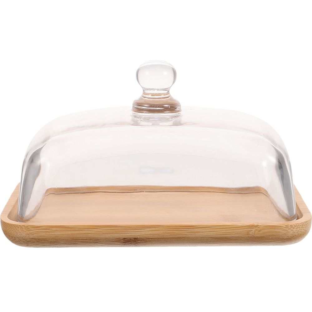 Khaki Round Cake Stand with a natural wood rectangular tray and clear glass dome lid with round knob