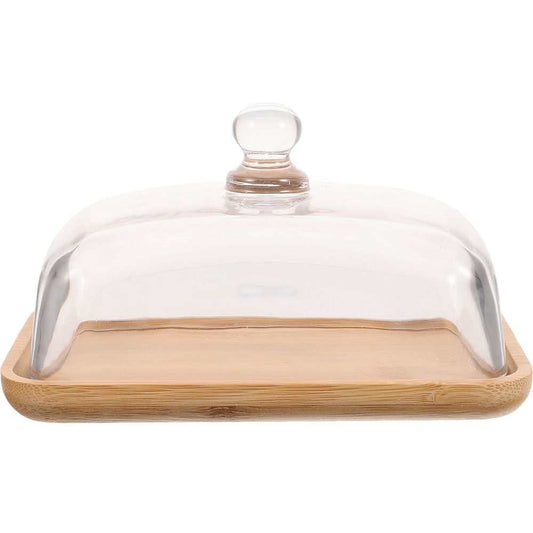 Khaki Round Cake Stand with a natural wood rectangular tray and clear glass dome lid with round knob