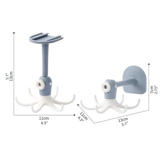 Kitchen 360° Rotated Hooks in blue and white plastic, with a round adhesive mount, rotating shaft and multiple curved claws