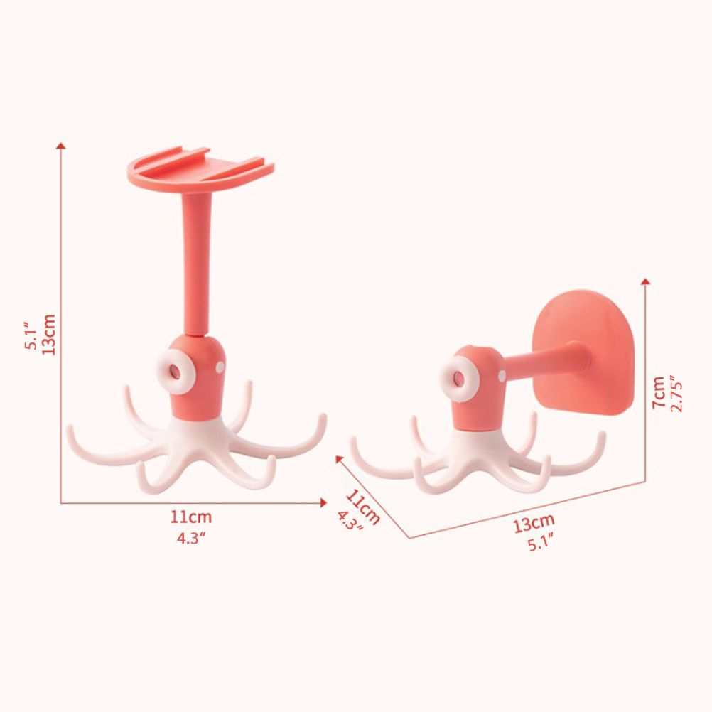 Kitchen 360° Rotated Hooks in coral and white plastic, featuring a rotating disc, adhesive wall mount and multiple curved claws
