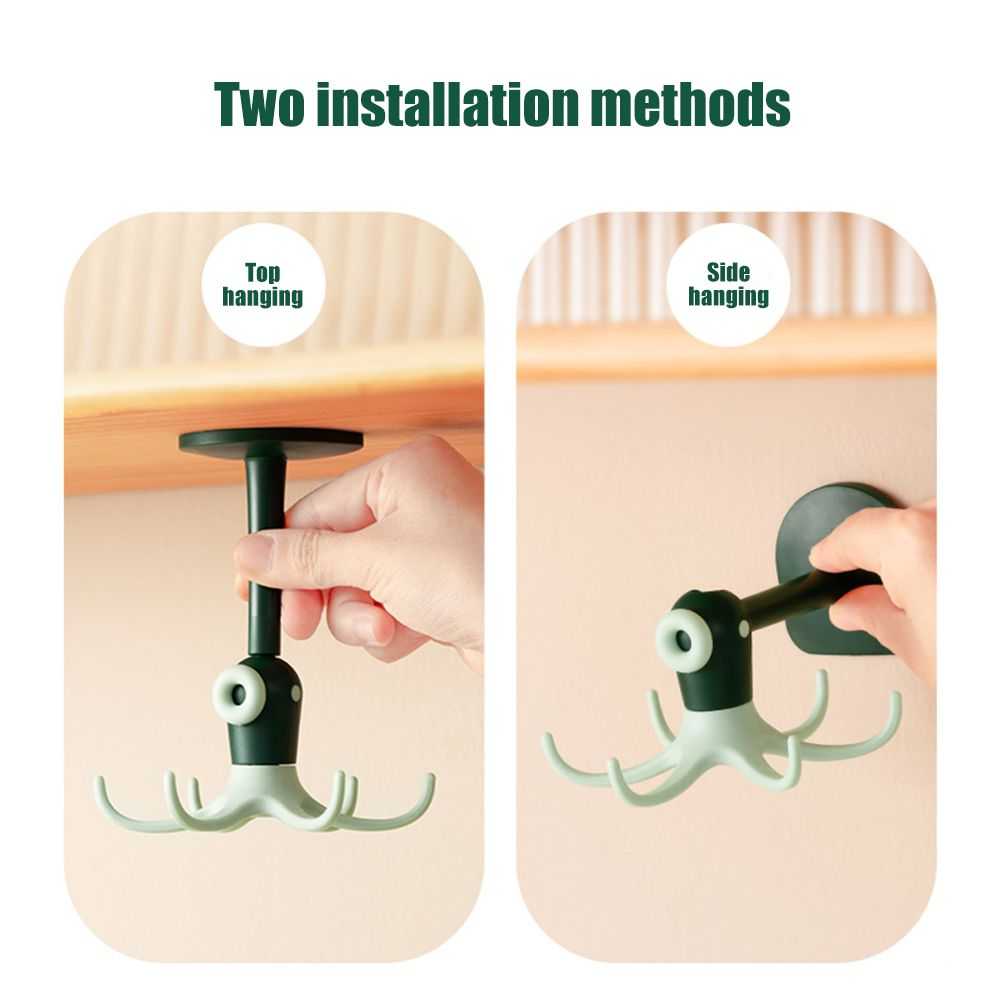 Kitchen 360° Rotated Hooks in dark green and pale mint plastic, with multiple curved claws and adjustable mounting positions