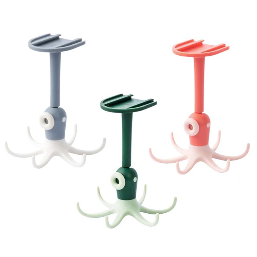 Kitchen 360° Rotated Hooks in pastel gray, green and pink plastic, with tall shafts and multiple curved octopus-like hooks