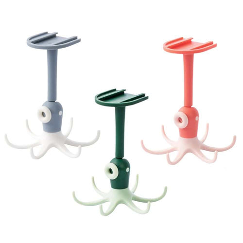 Kitchen 360° Rotated Hooks in pastel gray, green and pink plastic, with tall shafts and multiple curved octopus-like hooks