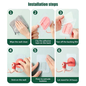 Kitchen 360° Rotated Hooks shown in six installation steps, with a pink rotating hook rack and adhesive backing.