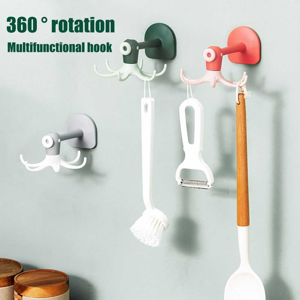 Kitchen 360° Rotated Hooks are plastic rotating wall racks in green, coral and lavender, each with multiple white hooks