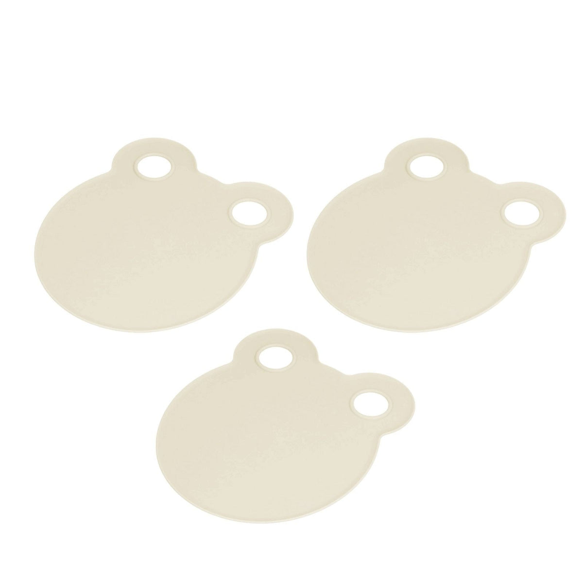 Kitchen Cutting Board set featuring three pale beige, round plastic boards with dual hanging holes and smooth surfaces