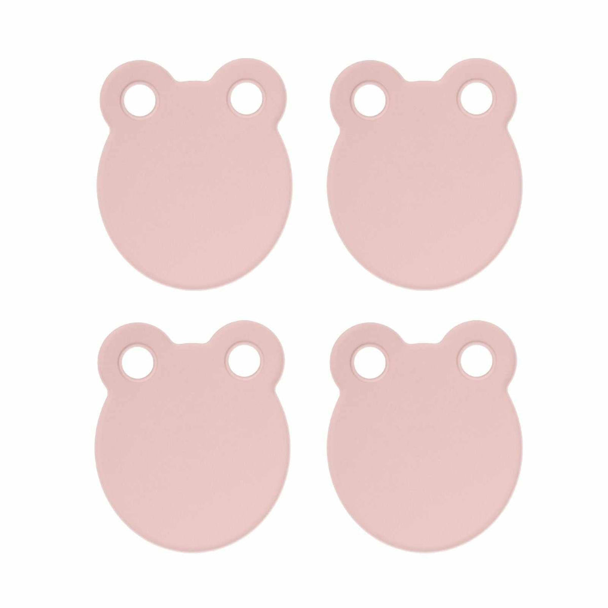 Kitchen Cutting Board set of four pale pink, smooth polypropylene boards with rounded shape and two hanging holes each.