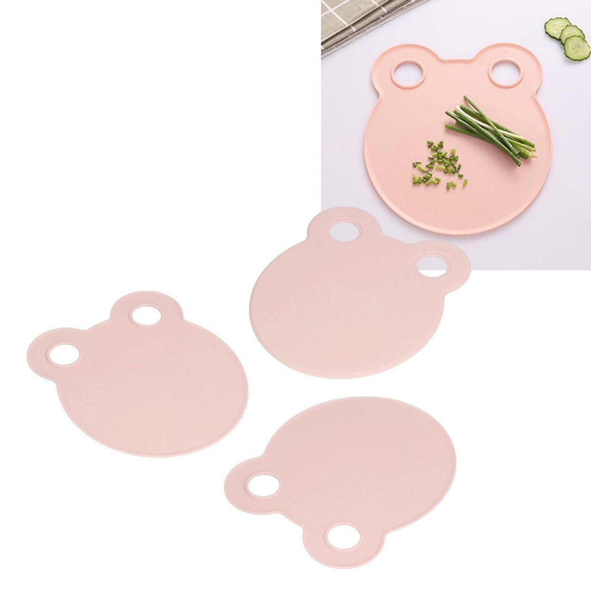 Kitchen Cutting Board set of round pink plastic boards with two loop-shaped cutouts and smooth surfaces