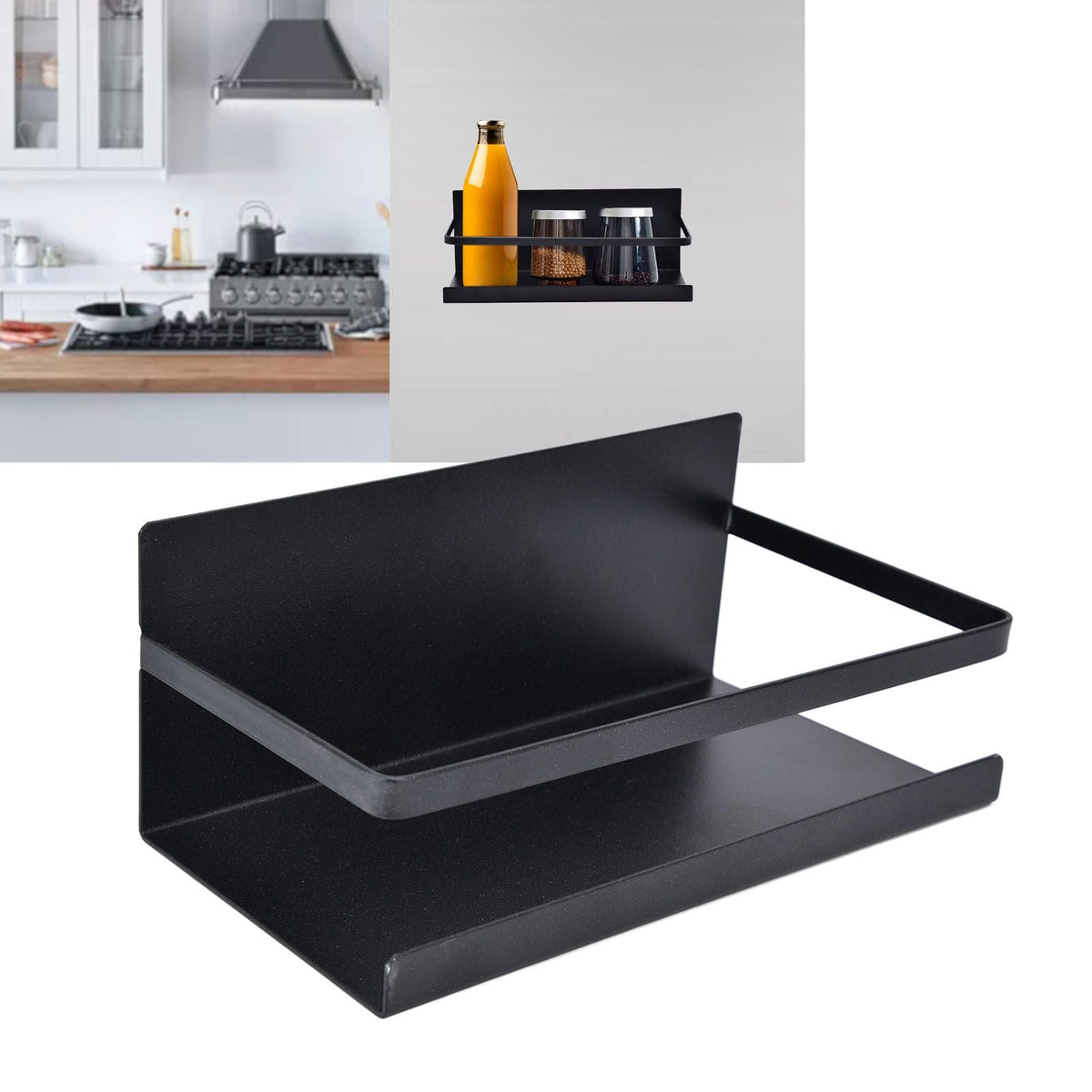 Kitchen Rack Space Saving single-tier shelf in black iron, with raised back and front rails for storing spices