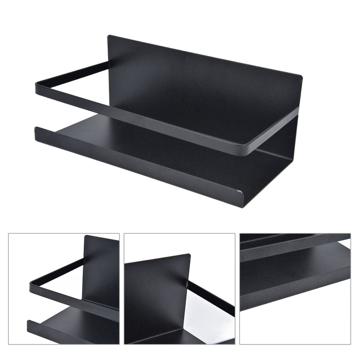 Kitchen Rack Space Saving single-tier spice shelf in matte black iron, with a raised back and open front rail