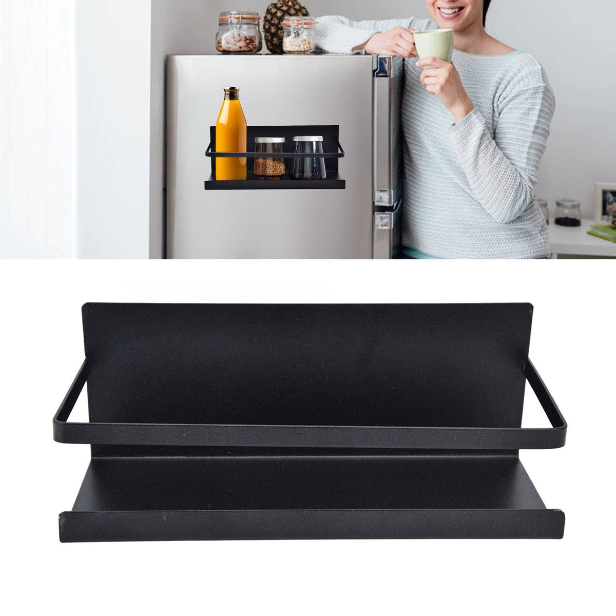 Kitchen Rack Space Saving magnetic spice shelf in black iron with a single tier, raised back panel and side rails