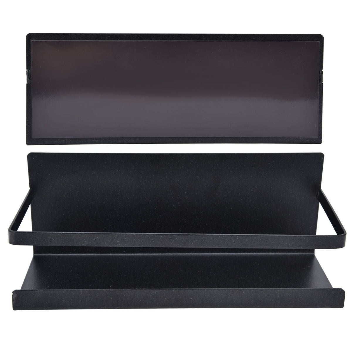 Kitchen Rack Space Saving magnetic spice shelf in black iron, with a single tier, raised front rail and rectangular magnetic backing