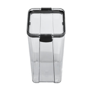 Kitchen Storage Box in clear transparent plastic with a dark airtight lid and front flip-lock handle