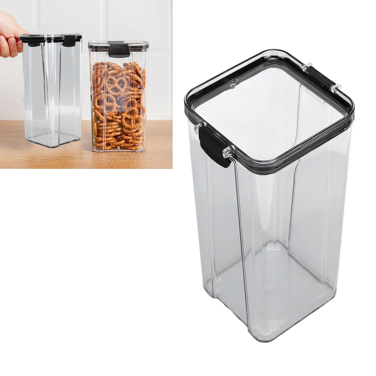 Kitchen Storage Box with clear transparent plastic body, black airtight lid and locking side clips in a tall rectangular shape