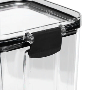 Kitchen Storage Box in clear plastic with a transparent lid, black airtight rim and front flip-lock clasp