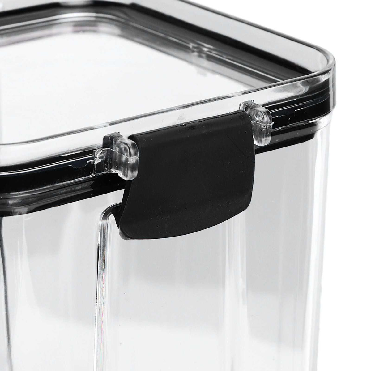 Kitchen Storage Box in clear plastic with a transparent lid, black airtight rim and front flip-lock clasp