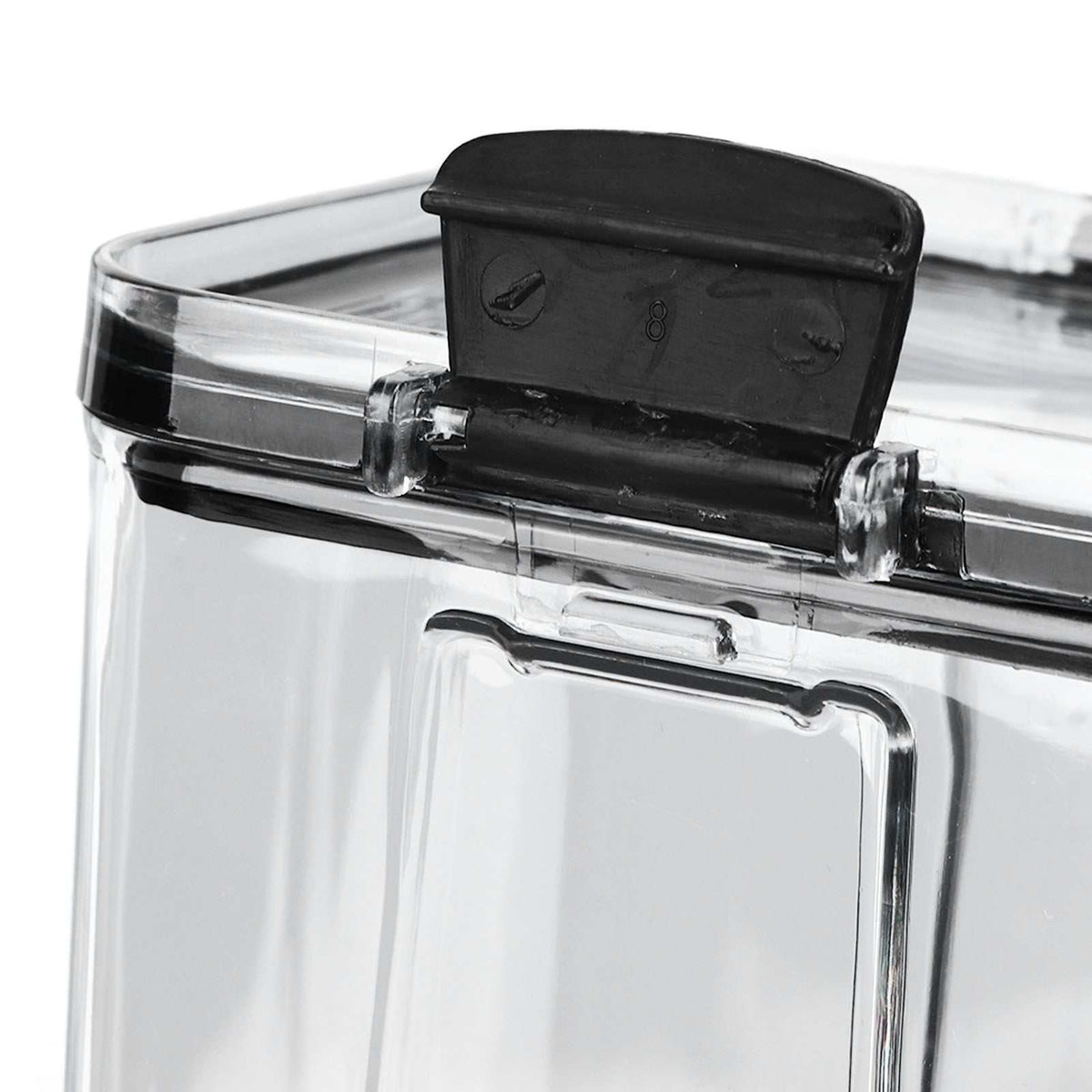 Kitchen Storage Box made from clear plastic, featuring a black flip-lock lid and transparent hinged seal