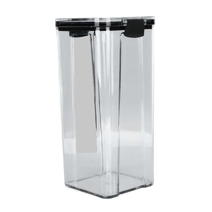 Kitchen Storage Box with a clear rectangular plastic body, black airtight lid and flip-lock seal.