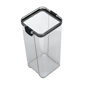 Kitchen Storage Box in clear transparent plastic with a tall rectangular shape, rounded corners and black flip-lock lid