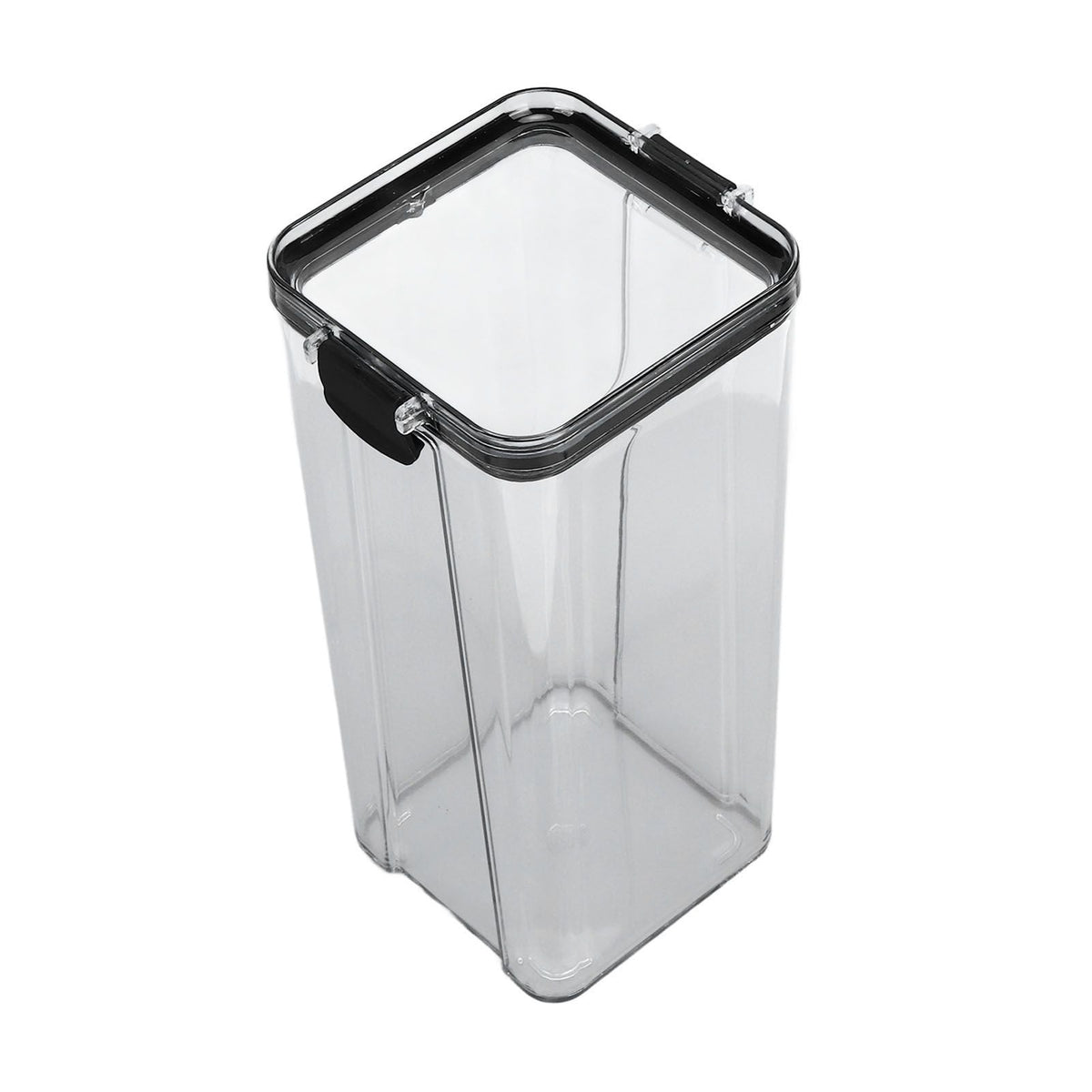 Kitchen Storage Box in clear transparent plastic with a tall rectangular shape, rounded corners and black flip-lock lid
